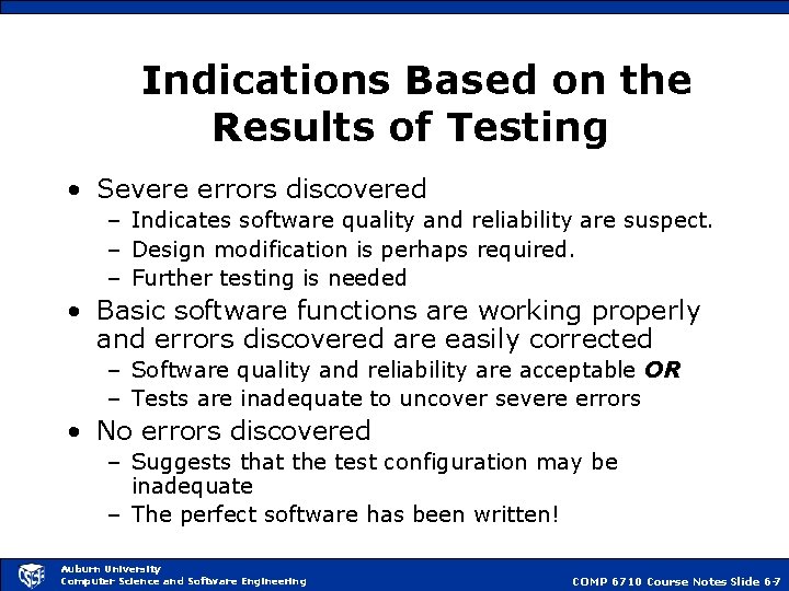 Indications Based on the Results of Testing • Severe errors discovered – Indicates software