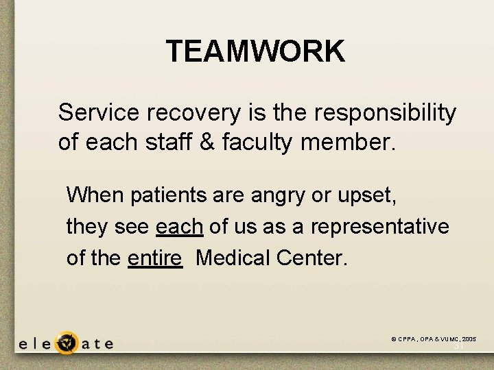 TEAMWORK Service recovery is the responsibility of each staff & faculty member. When patients TEAMWORK Service recovery is the responsibility of each staff & faculty member. When patients