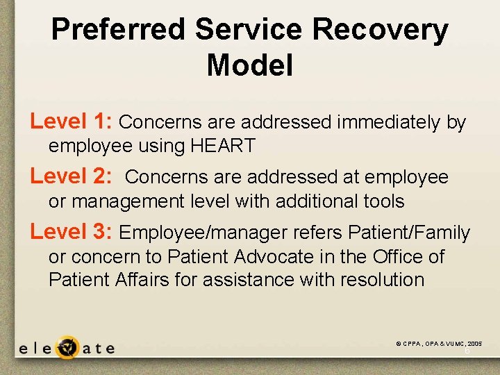 Preferred Service Recovery Model Level 1: Concerns are addressed immediately by employee using HEART Preferred Service Recovery Model Level 1: Concerns are addressed immediately by employee using HEART