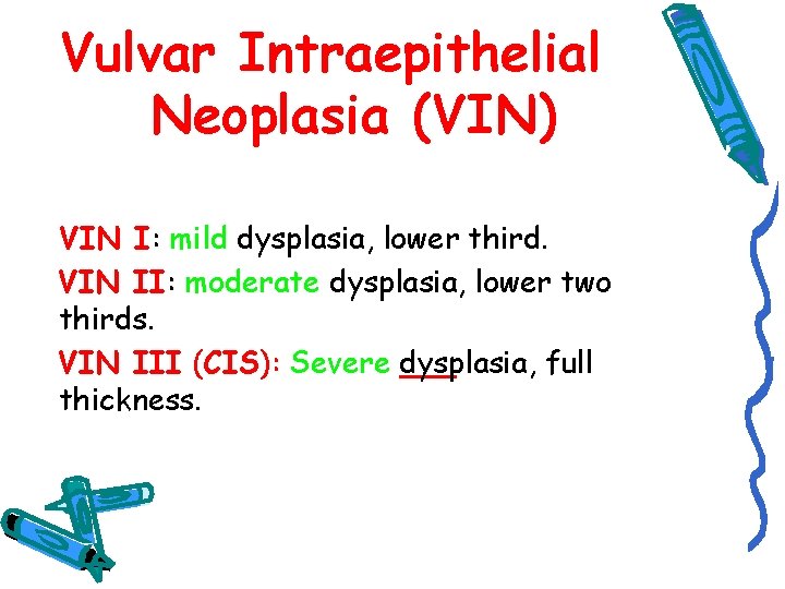 Vulvar Intraepithelial Neoplasia (VIN) VIN I: mild dysplasia, lower third. VIN II: moderate dysplasia,