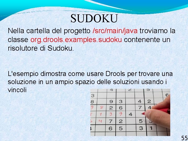 SUDOKU Nella cartella del progetto /src/main/java troviamo la classe org. drools. examples. sudoku contenente