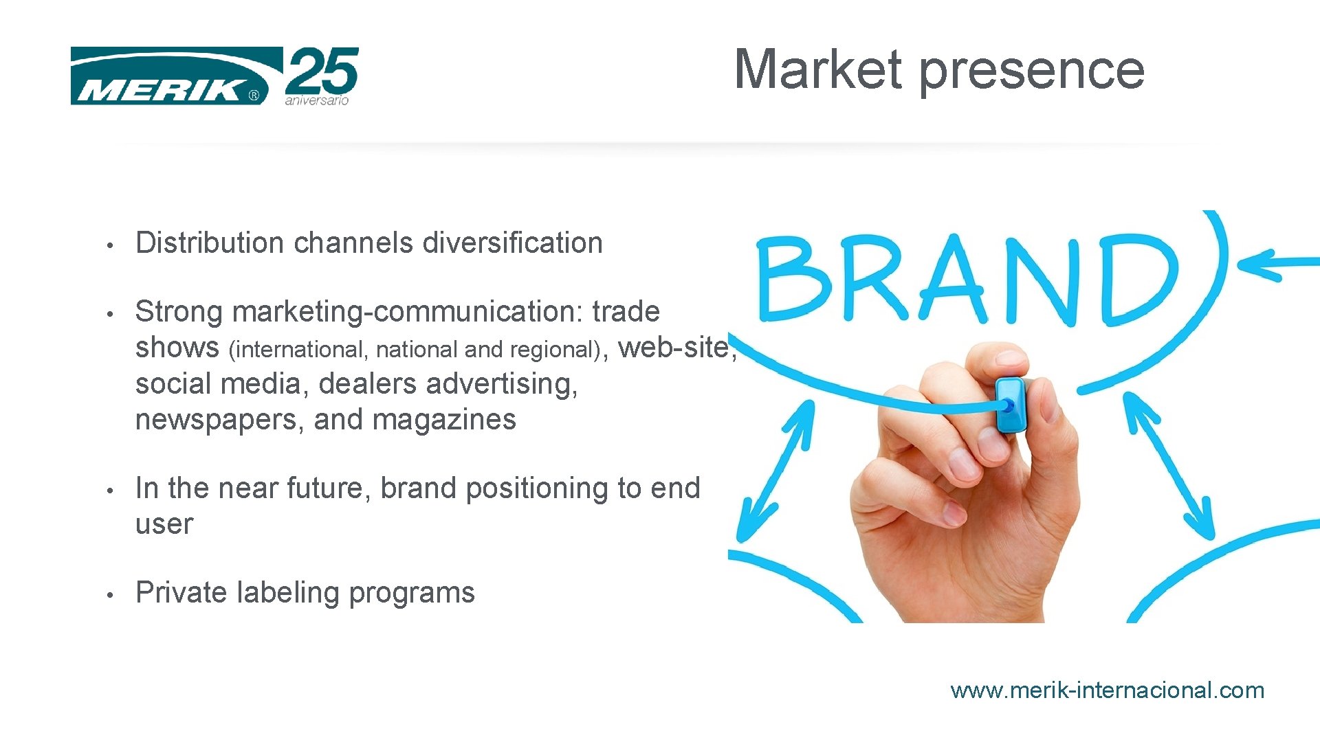 Market presence • Distribution channels diversification • Strong marketing-communication: trade shows (international, national and Market presence • Distribution channels diversification • Strong marketing-communication: trade shows (international, national and