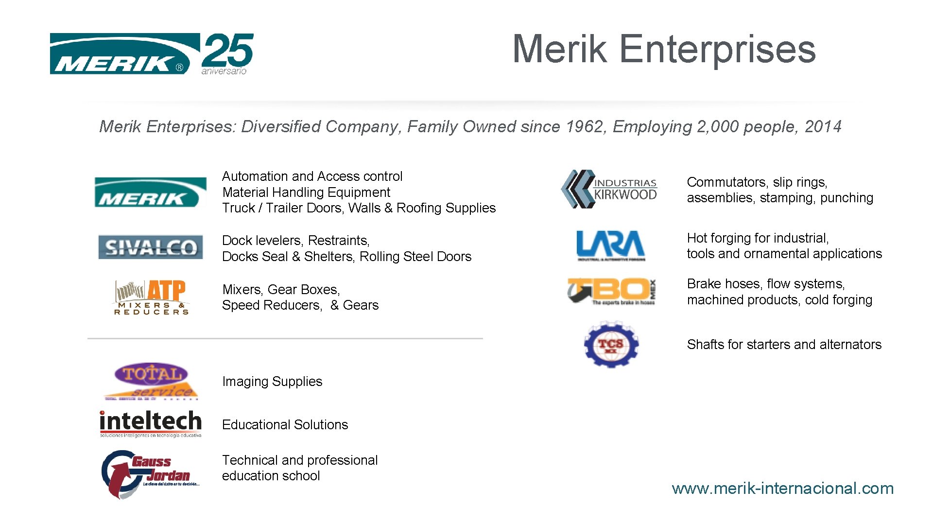 Merik Enterprises: Diversified Company, Family Owned since 1962, Employing 2, 000 people, 2014 Automation Merik Enterprises: Diversified Company, Family Owned since 1962, Employing 2, 000 people, 2014 Automation