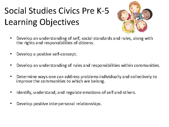 Social Studies Civics Pre K-5 Learning Objectives • Develop an understanding of self, social