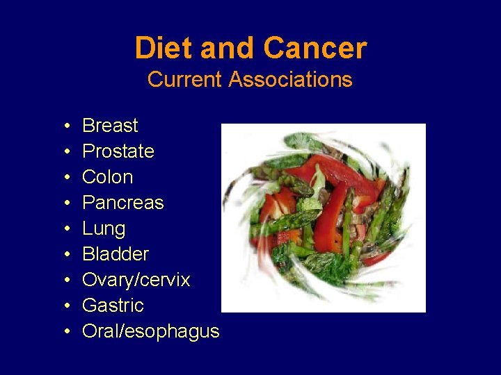 Diet and Cancer Current Associations • • • Breast Prostate Colon Pancreas Lung Bladder