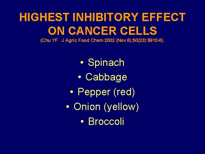 HIGHEST INHIBITORY EFFECT ON CANCER CELLS (Chu YF. J Agric Food Chem 2002 (Nov