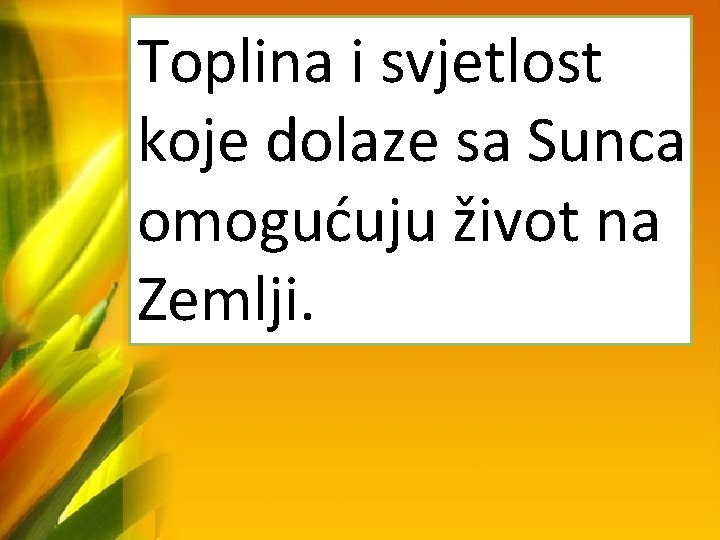 Toplina i svjetlost koje dolaze sa Sunca omogućuju život na Zemlji. 