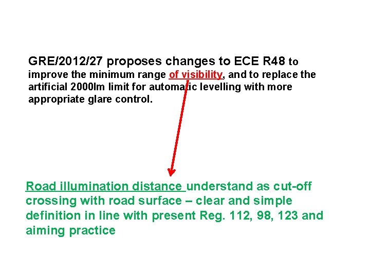 GRE/2012/27 proposes changes to ECE R 48 to improve the minimum range of visibility,