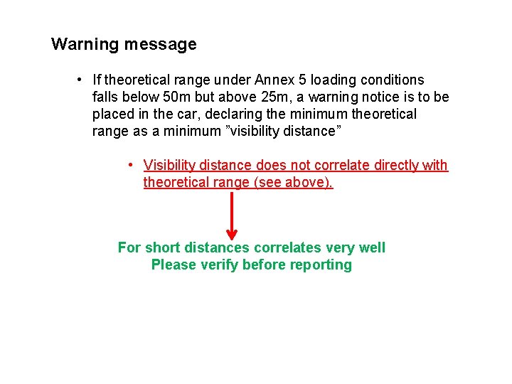 Warning message • If theoretical range under Annex 5 loading conditions falls below 50