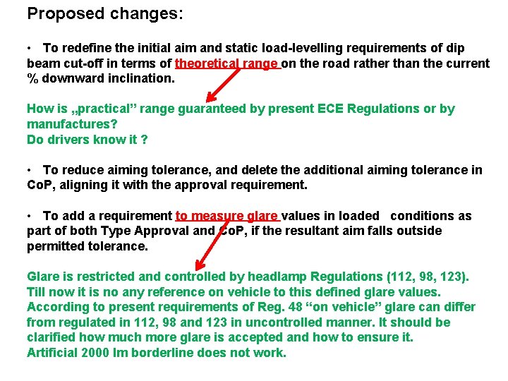 Proposed changes: • To redefine the initial aim and static load-levelling requirements of dip