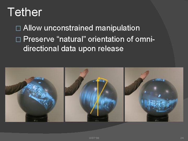 Tether � Allow unconstrained manipulation � Preserve “natural” orientation of omnidirectional data upon release