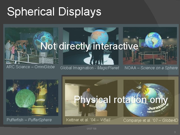 Spherical Displays Not directly interactive ARC Science – Omni. Globe Global Imagination - Magic.