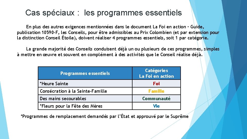 Cas spéciaux : les programmes essentiels En plus des autres exigences mentionnées dans le