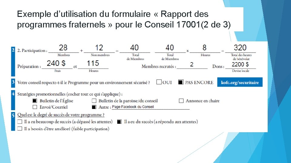 Exemple d’utilisation du formulaire « Rapport des programmes fraternels » pour le Conseil 17001(2