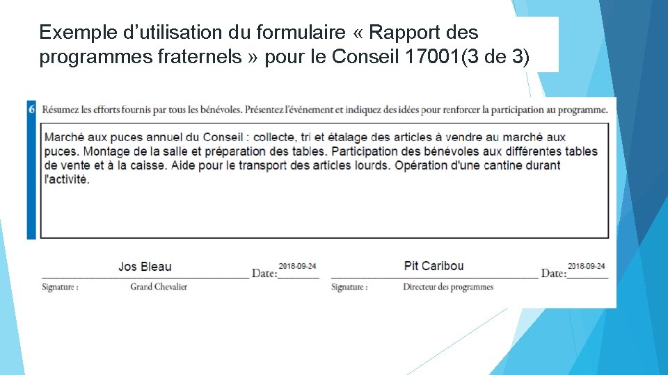 Exemple d’utilisation du formulaire « Rapport des programmes fraternels » pour le Conseil 17001(3