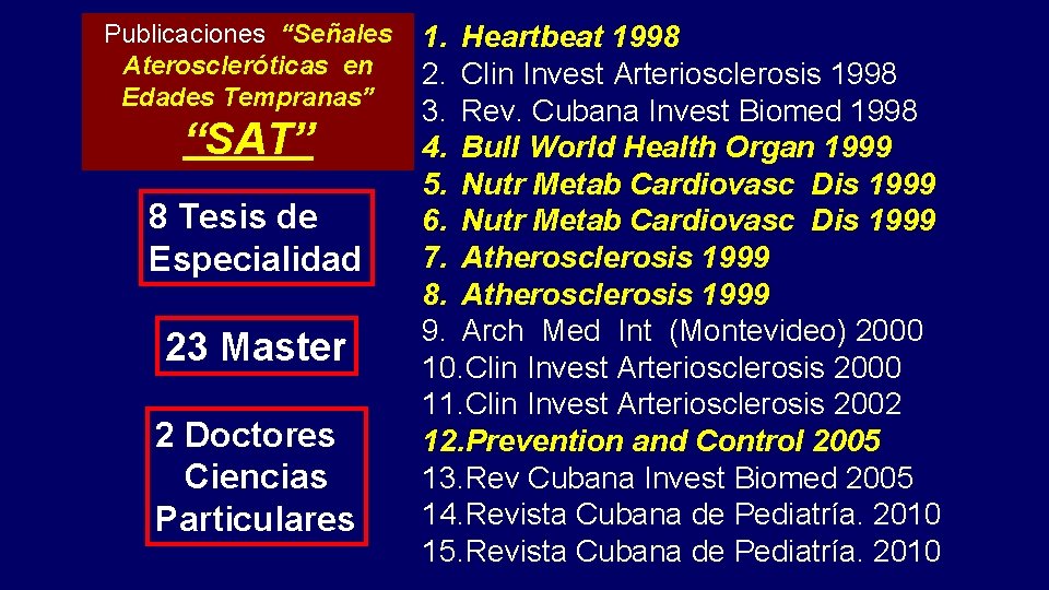 Publicaciones “Señales Ateroscleróticas en Edades Tempranas” “SAT” 8 Tesis de Especialidad 23 Master 2
