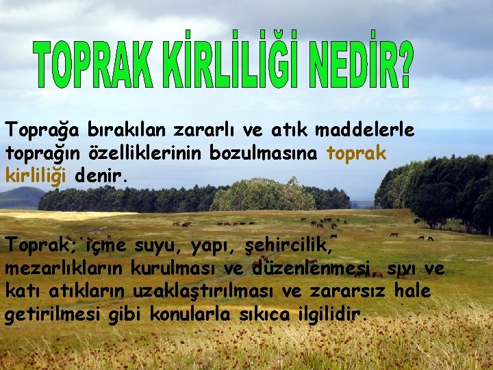 Toprağa bırakılan zararlı ve atık maddelerle toprağın özelliklerinin bozulmasına toprak kirliliği denir. Toprak; içme