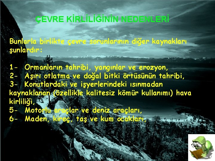 ÇEVRE KİRLİLİĞİNİN NEDENLERİ Bunlarla birlikte çevre sorunlarının diğer kaynakları şunlardır: 1 - Ormanların tahribi,