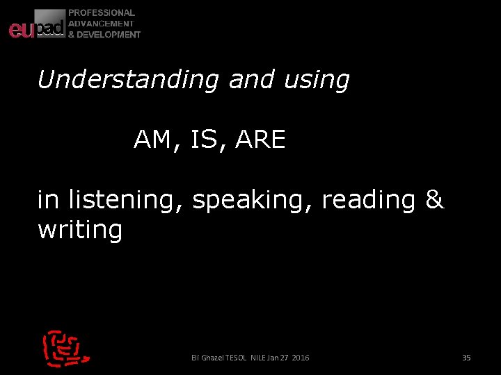 Understanding and using AM, IS, ARE in listening, speaking, reading & writing Eli Ghazel Understanding and using AM, IS, ARE in listening, speaking, reading & writing Eli Ghazel