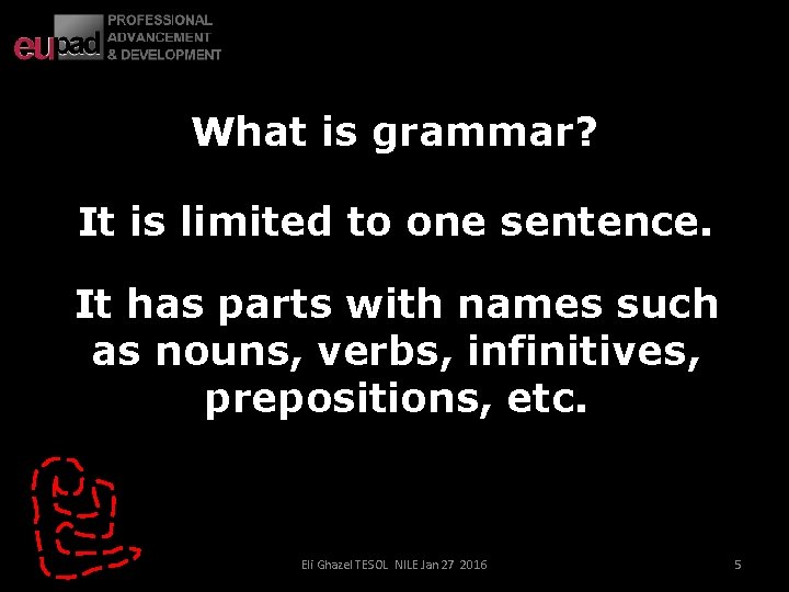 What is grammar? It is limited to one sentence. It has parts with names