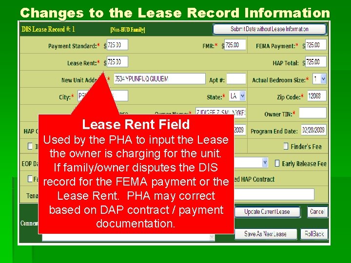 Changes to the Lease Record Information Lease Rent Field Used by the PHA to