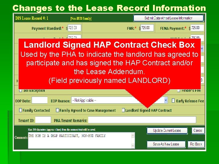 Changes to the Lease Record Information Landlord Signed HAP Contract Check Box Used by