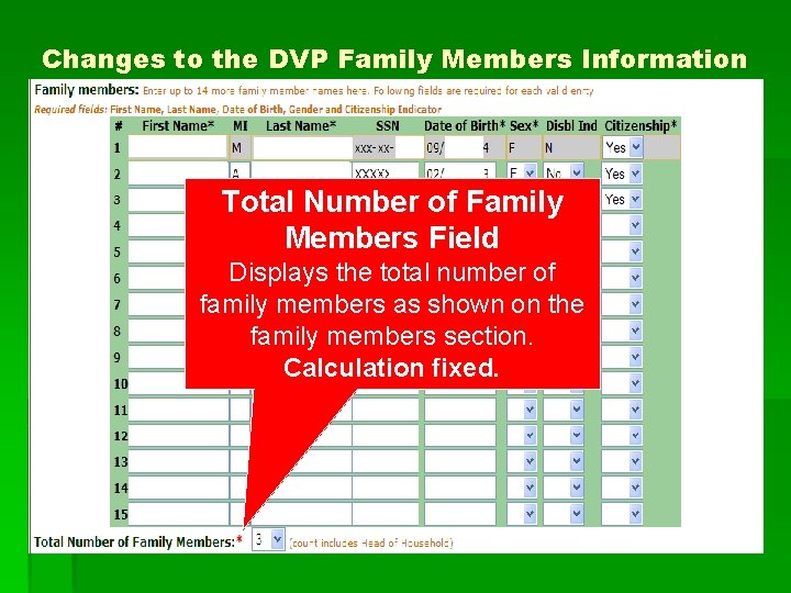 Changes to the DVP Family Members Information Total Number of Family Members Field Displays
