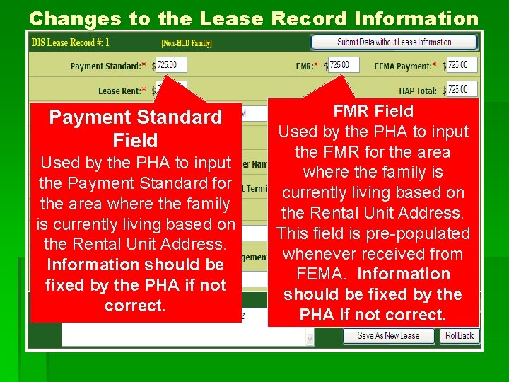 Changes to the Lease Record Information Payment Standard Field Used by the PHA to