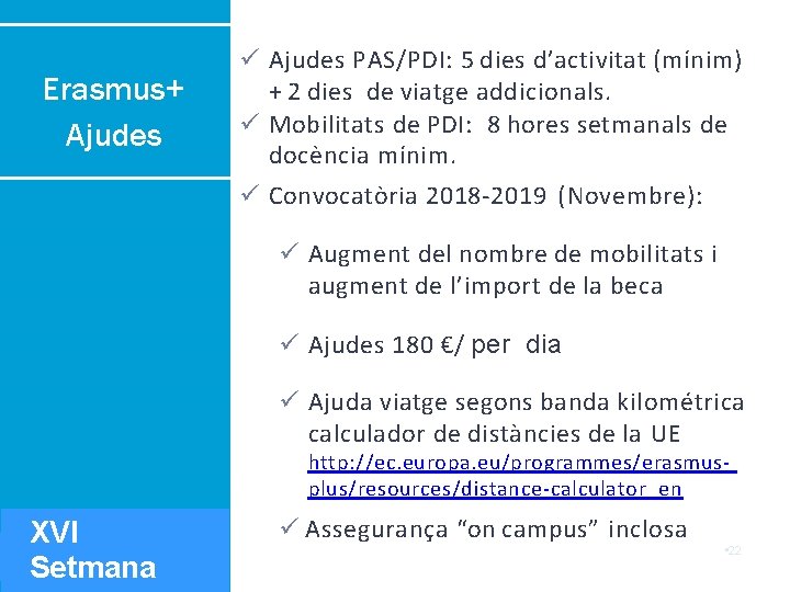 Erasmus+ Ajudes PAS/PDI: 5 dies d’activitat (mínim) + 2 dies de viatge addicionals. Mobilitats