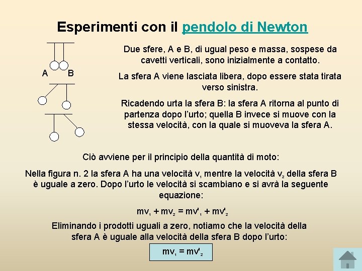 Esperimenti con il pendolo di Newton Due sfere, A e B, di ugual peso