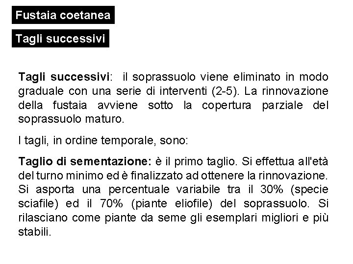 Fustaia coetanea Tagli successivi: il soprassuolo viene eliminato in modo graduale con una serie