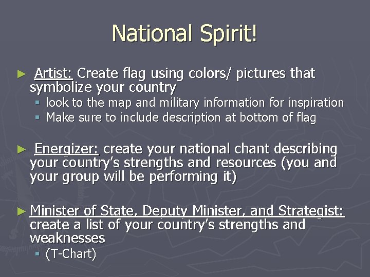 National Spirit! ► Artist: Create flag using colors/ pictures that symbolize your country §