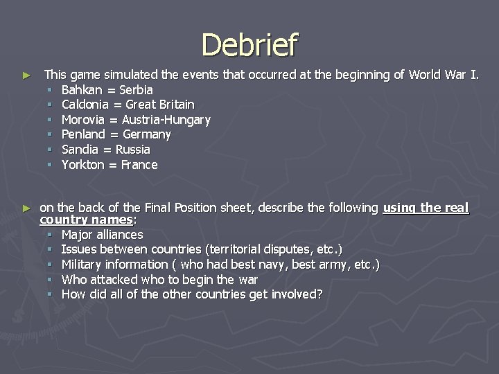 Debrief ► ► This game simulated the events that occurred at the beginning of