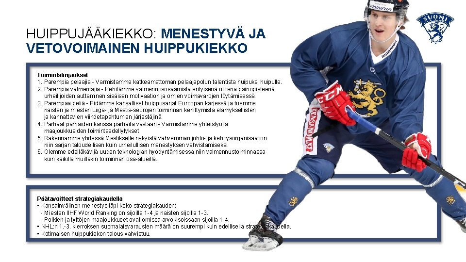 HUIPPUJÄÄKIEKKO: MENESTYVÄ JA VETOVOIMAINEN HUIPPUKIEKKO Toimintalinjaukset 1. Parempia pelaajia - Varmistamme katkeamattoman pelaajapolun talentista