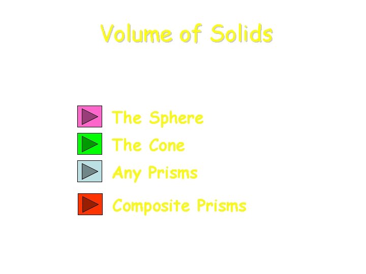 Volume of Solids The Sphere The Cone Any Prisms Composite Prisms 