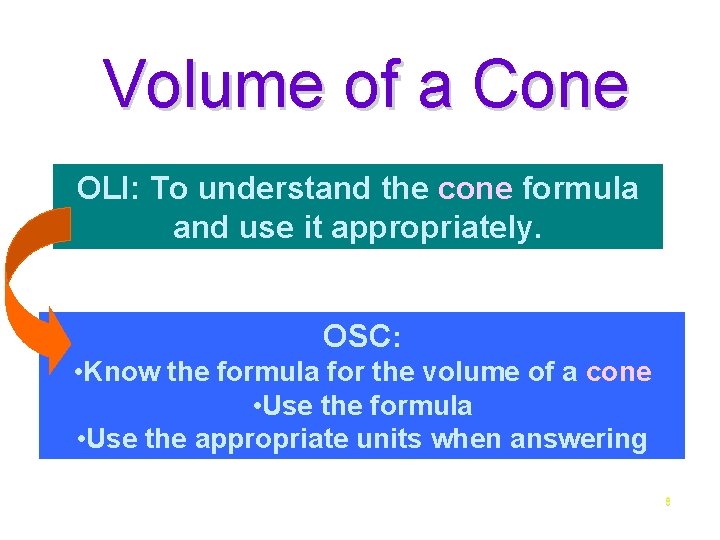 Volume of a Cone OLI: To understand the cone formula and use it appropriately.