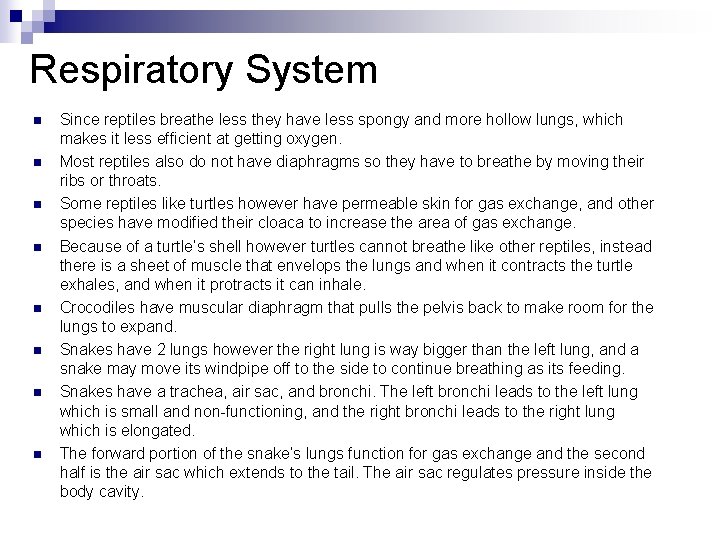 Respiratory System n n n n Since reptiles breathe less they have less spongy