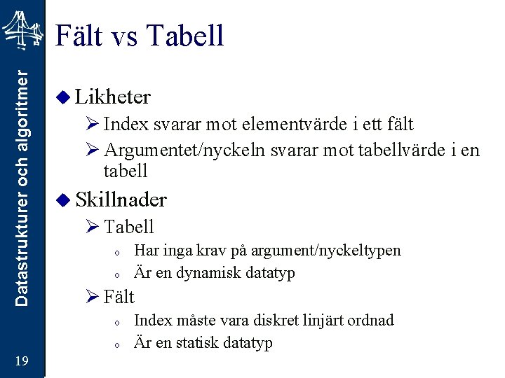 Datastrukturer och algoritmer Fält vs Tabell u Likheter Ø Index svarar mot elementvärde i