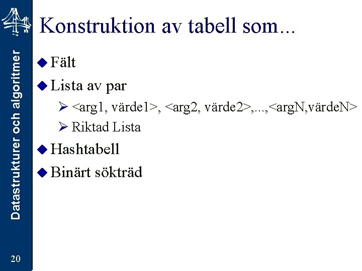 Datastrukturer och algoritmer Konstruktion av tabell som. . . 20 u Fält u Lista