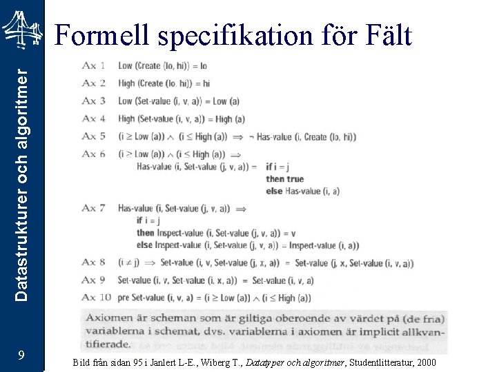 Datastrukturer och algoritmer Formell specifikation för Fält 9 Bild från sidan 95 i Janlert