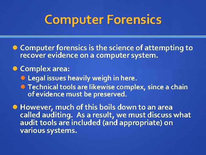 Computer Forensics Computer forensics is the science of attempting to recover evidence on a
