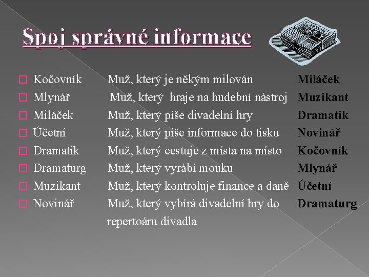 Spoj správné informace Kočovník Muž, který je někým milován Miláček � Mlynář Muž, který