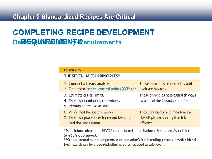 Chapter 2 Standardized Recipes Are Critical COMPLETING RECIPE DEVELOPMENT REQUIREMENTS Develop Food Safety Requirements