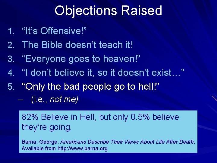 Objections Raised 1. “It’s Offensive!” 2. The Bible doesn’t teach it! 3. “Everyone goes