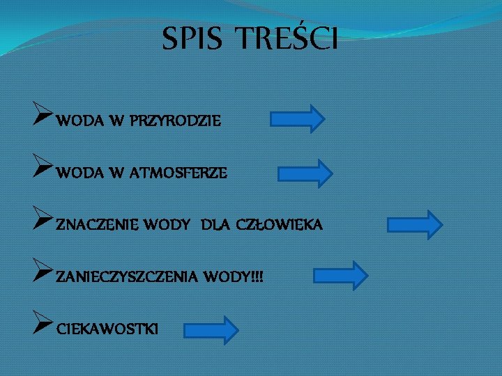 SPIS TREŚCI ØWODA W PRZYRODZIE ØWODA W ATMOSFERZE ØZNACZENIE WODY DLA CZŁOWIEKA ØZANIECZYSZCZENIA WODY!!!