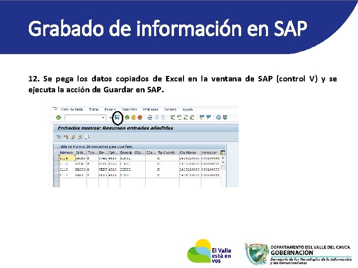 Grabado de información en SAP 12. Se pega los datos copiados de Excel en