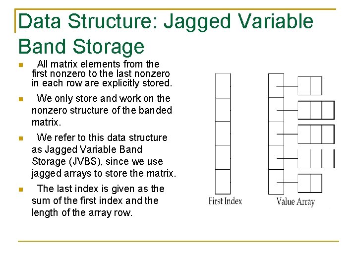Data Structure: Jagged Variable Band Storage All matrix elements from the first nonzero to