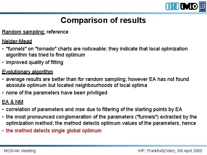 Comparison of results Random sampling: reference Nelder-Mead • "funnels" on "tornado" charts are noticeable;