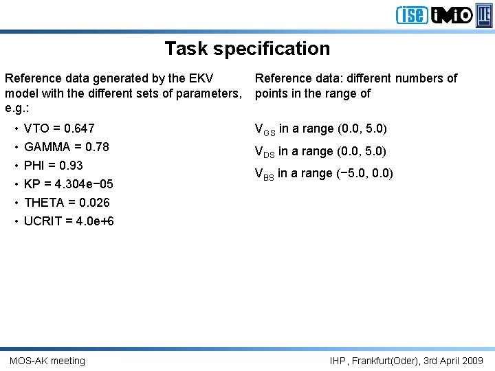 Task specification Reference data generated by the EKV model with the different sets of
