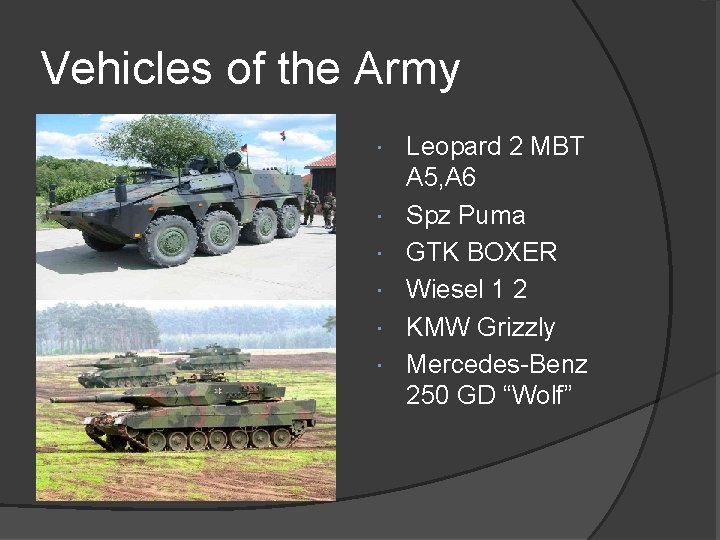 Vehicles of the Army Leopard 2 MBT A 5, A 6 Spz Puma GTK